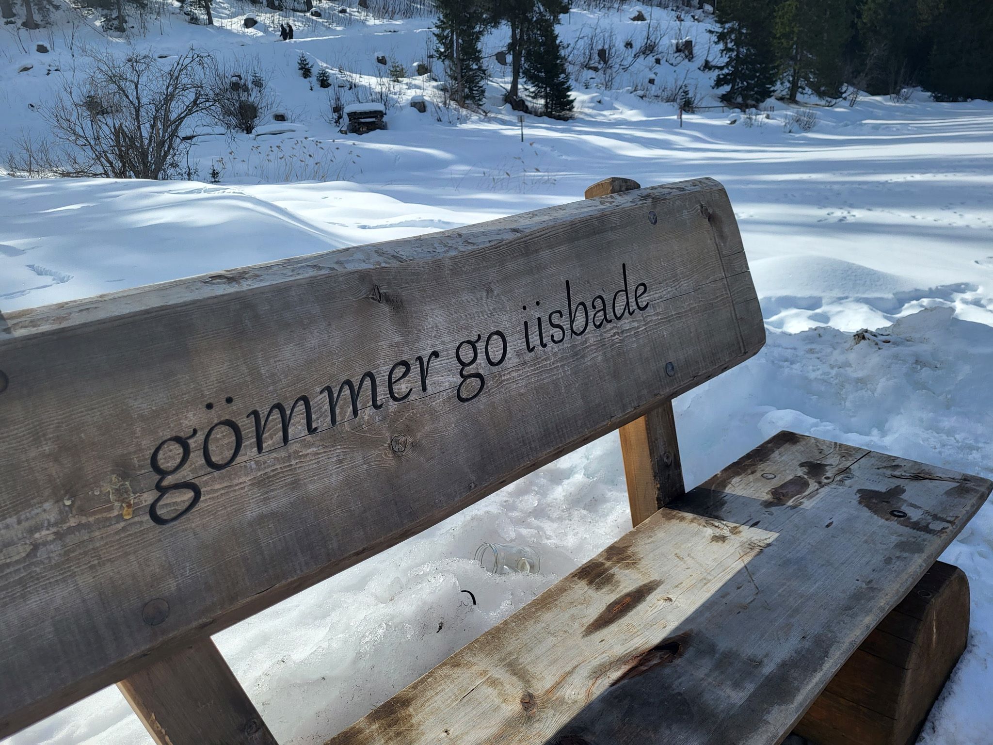 Sitzband aus Holz auf der "Gömmer go iisbade" geschrieben ist.